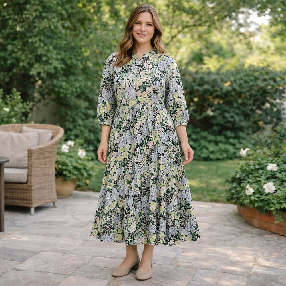 H&M Floral Midi Dress in Black, Green, and Cream